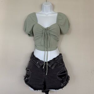 Sage Green Cottagecore Puff Sleeve Ruched Crop Top Size S